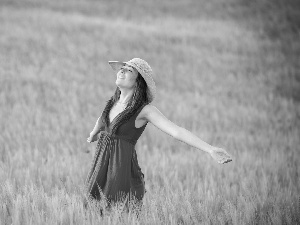 Women, Meadow, joy, Hat