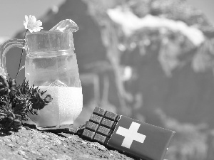 Mountains, chocolate, jug, Flowers