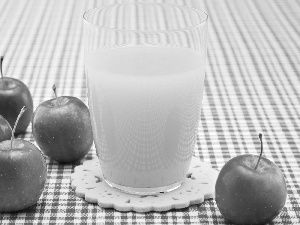 Red, A glass, juice, apples