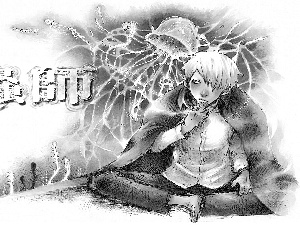 kanji, text, Anime, boy, Mushi Shi