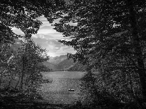 Canton of Glarus, Switzerland, Alps Mountains, Klöntalersee Lake, viewes, point, forest, trees, Sunrise
