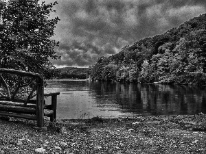 lake, Bench, Mountains, woods, clouds