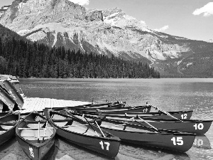 forest, Platform, esmerald, Mountains, Kayaks, lake, Canada