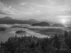 viewes, Blejski Otok Island, Church, Fog, Mountains, autumn, Lake Bled, Slovenia, Great Sunsets, trees