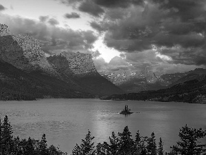 lake, Islet, illuminated, peaks, clouds