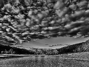 Sky, Clouds, lake, forest, flash, luminosity, ligh, sun, Przebijające