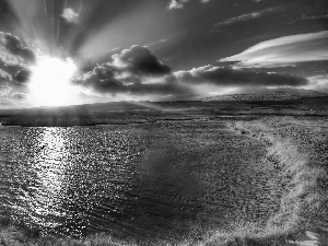 lake, medows, dark, clouds, dawn