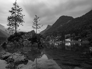 clouds, light, Great Sunsets, Mountains, Rocks, Bavaria, Houses, Lake Hintersee, Germany, Alps, viewes, trees