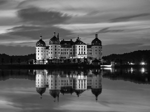 Moritzburg Palace, Saxony, Night, reflection, lake, Germany