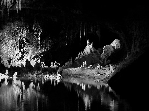 lake, cave, rocks