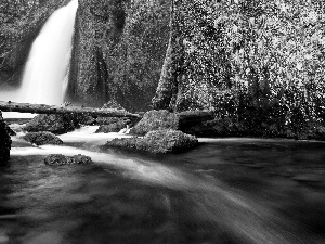 lake, waterfall, rocks