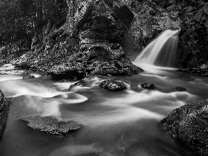 lake, waterfall, rocks