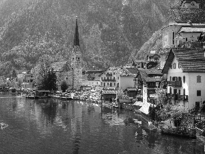 lake, Mountains, Town