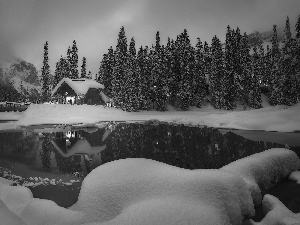 Mountains, house, trees, Yoho National Park, viewes, winter, British Columbia, forest, lake, Canada, bridge, Fog, Emerald Lake