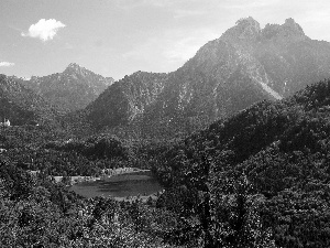 lake, Mountains, woods