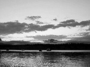 Yachts, woods, lake, Mountains