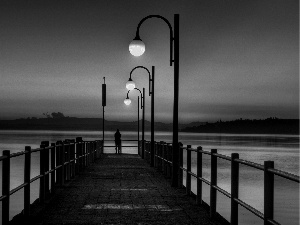 Lamps, lake, pier