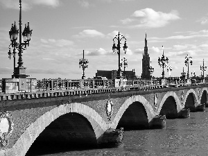 bridge, Bordeaux, Church, France, lanterns, River