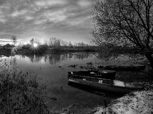 Great Sunsets, coast, boats, Latgale, trees, Dubna River, scrub, Latvia, winter, viewes