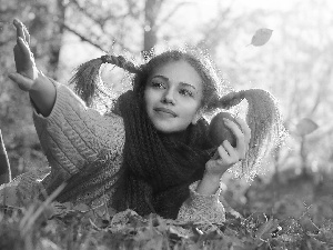 Leaf, autumn, Apple, forest, girl