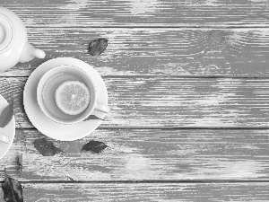 tea, Lemon, boarding, teapot, Blue, cups, Two, Leaf