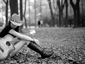 Women, Guitar, Leaf, Park
