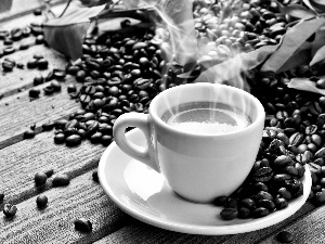 cup, grains, leaves, coffee