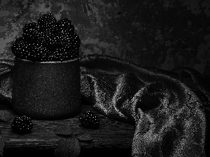 Fruits, Table, Cup, cloth, still life, blackberries, leaves