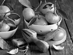 mandarin, Bowls, board, leaves