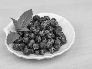 leaves, blueberries, plate