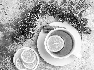 Lemon, slices, composition, cinnamon, twig, cup, tea, christmas tree