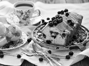 lemons, blueberries, Spoons, plate, tea-towel, cake, Fruitcake, cup