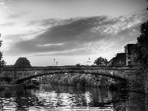 viewes, River, clouds, Houses, ligh, luminosity, flash, trees, bridge, sun, Przebijające