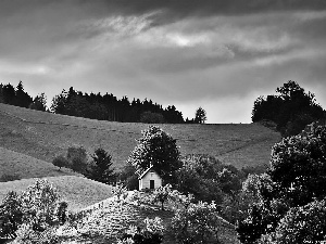 church, Mountains, viewes, trees, ligh, luminosity, flash, field, forest, sun, Przebijające