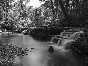 Stones, ligh, autumn, sun, luminosity, forest, waterfall, flash