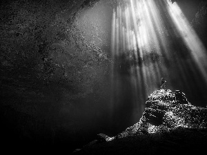 cave, rays, light, Human