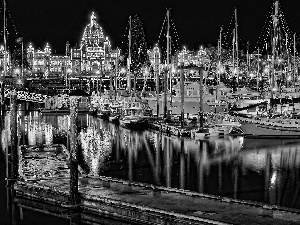 Night, light, Sailboats, Yachts, Harbour
