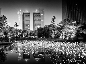 color, skyscrapers, lake, clouds, Town, light, reflection