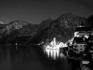 Night, Hallstatt, winter, Mountains, Austria, light, lake