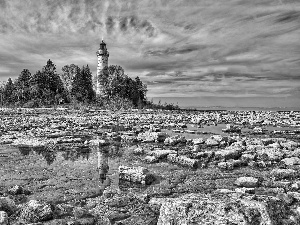 Lighthouse, maritime, Clouds, Sky, Stones