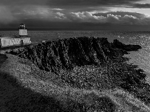 rays, sea, Lighthouse, maritime, sun, cliff