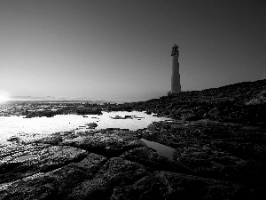 Lighthouse, maritime, sun, Stones, west