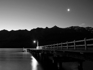 Lighthouse, moon, Mountains, Platform, lake