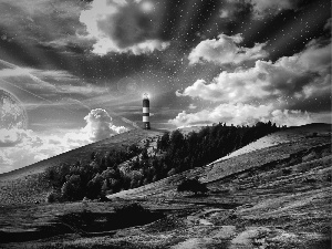 Lighthouse, clouds, Mountains