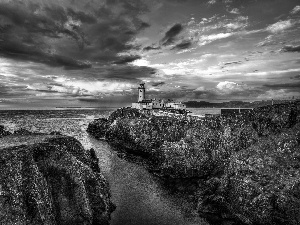 west, sea, Lighthouses, sun