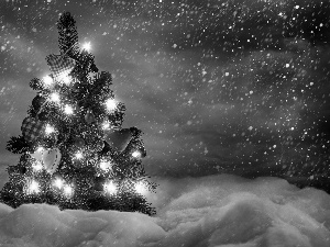 snow, christmas tree, Lights