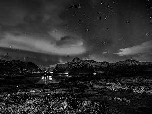 Lofoten, Norway, sea, aurora polaris, Mountains