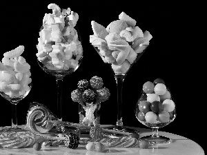 glasses, black background, lollipops, jellies, Candies