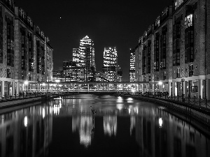 Town, River, London, England, Night, Houses