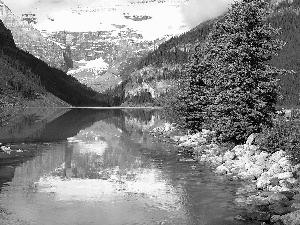 Mountains, lake, Louise, Canada, woods, Stones